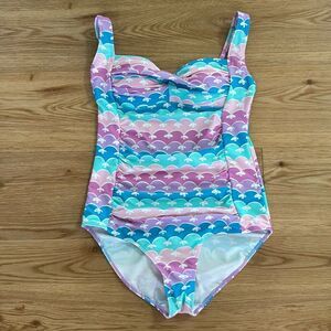 Romenza Womens Mermaid Print Ruched One Piece Swimsuit Medium Slimming Pink Blue